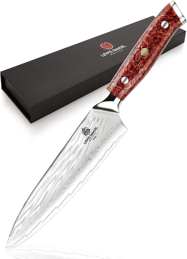 Lewis Samuel Knives - 8" Chef Knife - Hand Forged Damascus Steel Kitchen Knife - Japanese Style.